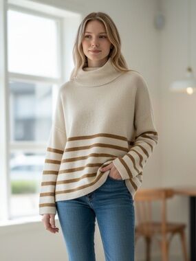 Frame 100% Cashmere - Cream and Tan Striped Turtleneck Sweater